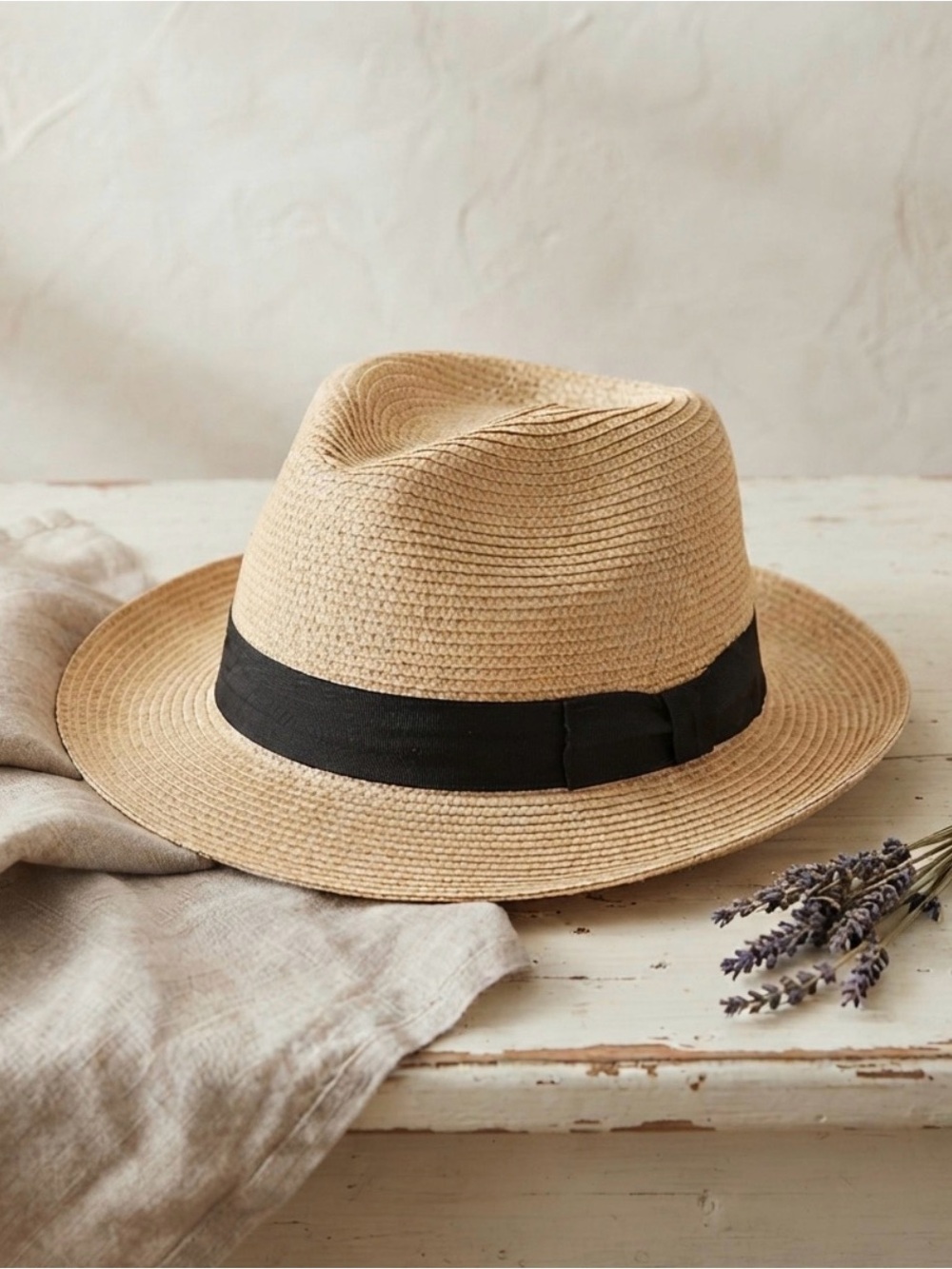Straw Fedora Hat with Black Band - Natural